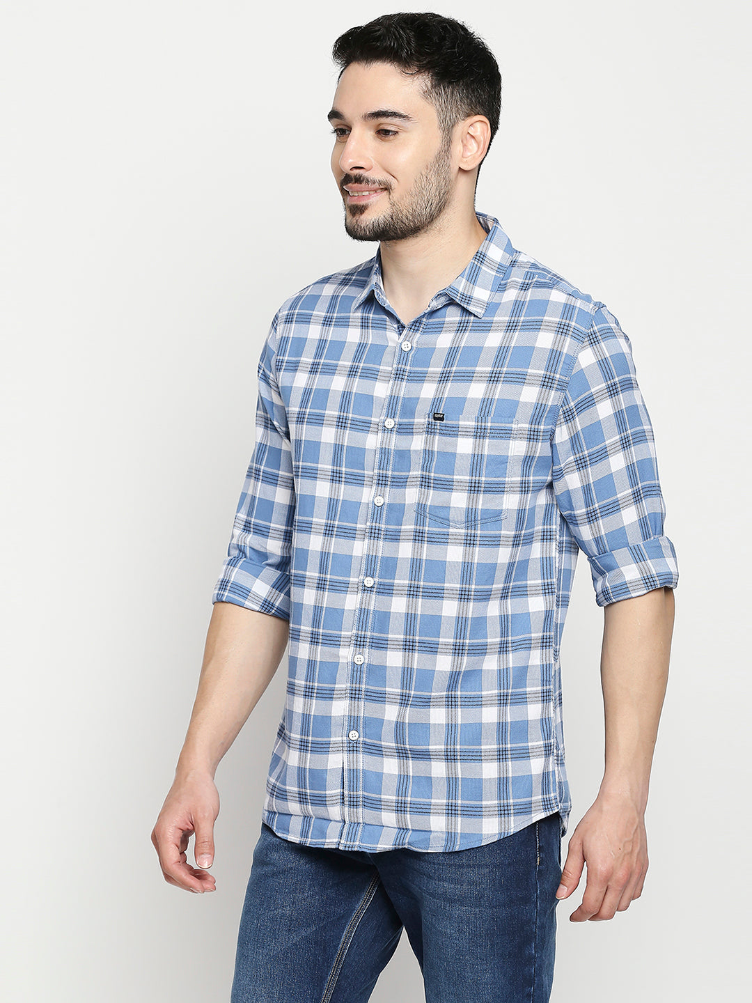 Spykar Sulphur Grey Cotton Full Sleeve Checkered Shirt For Men