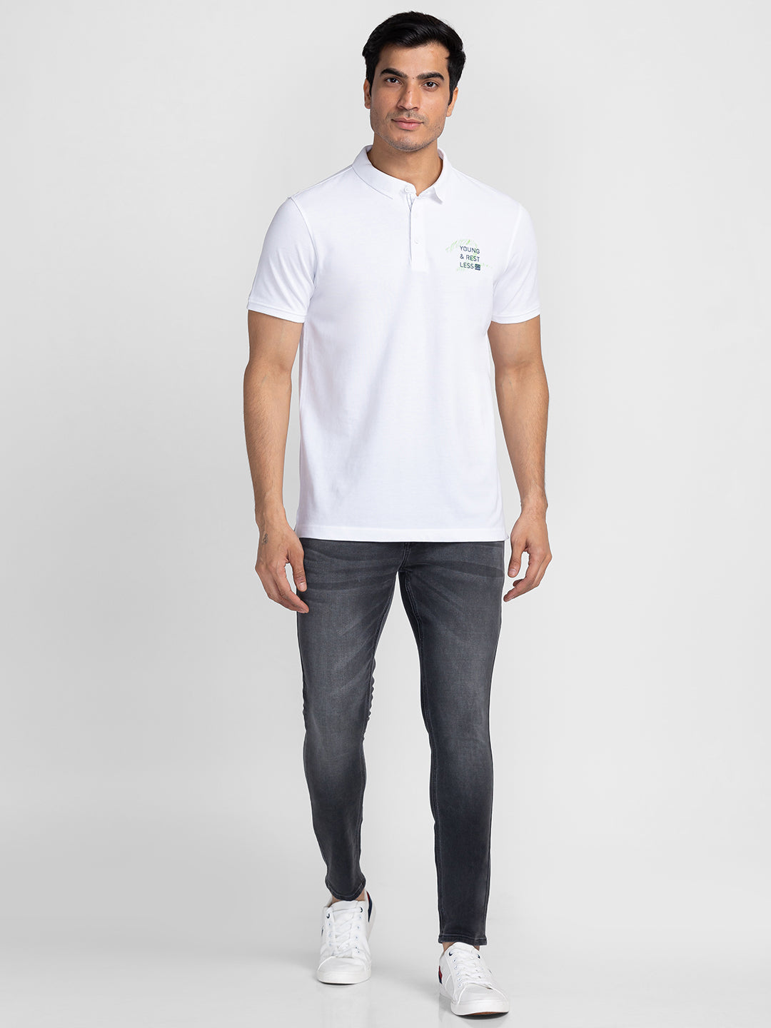 Spykar Men White Cotton Slim Fit Polo Plain T-Shirt