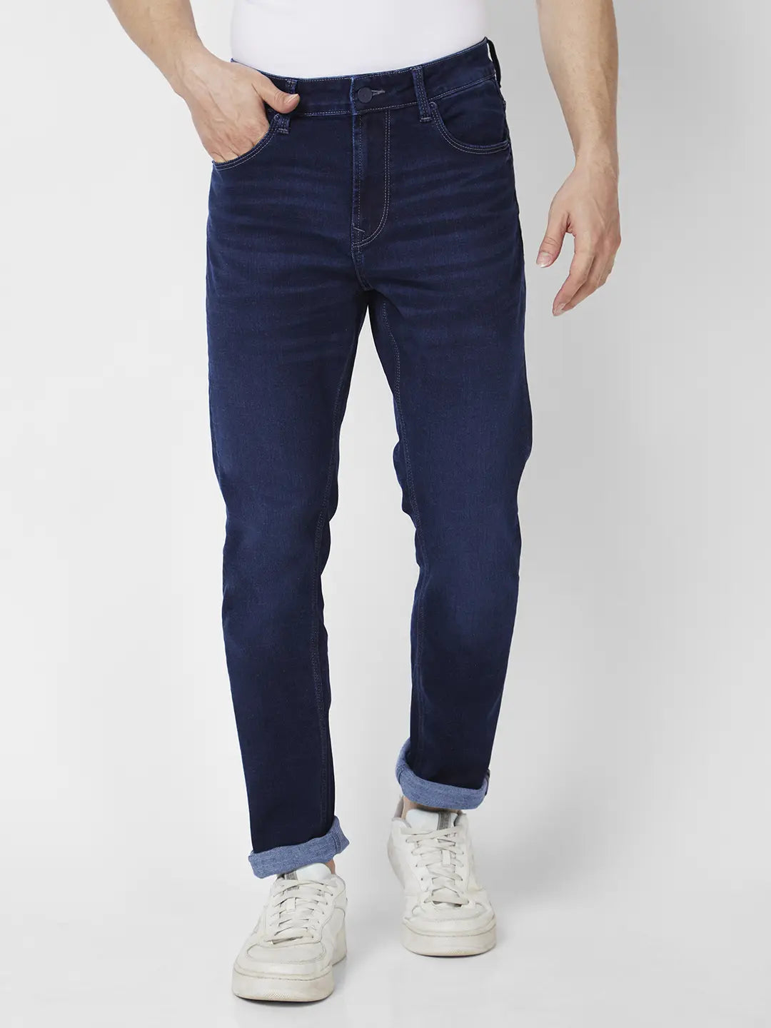 Spykar Men Dark Blue Cotton Stretch Regular Fit Narrow Length Clean Look Mid Rise Jeans (Rover)