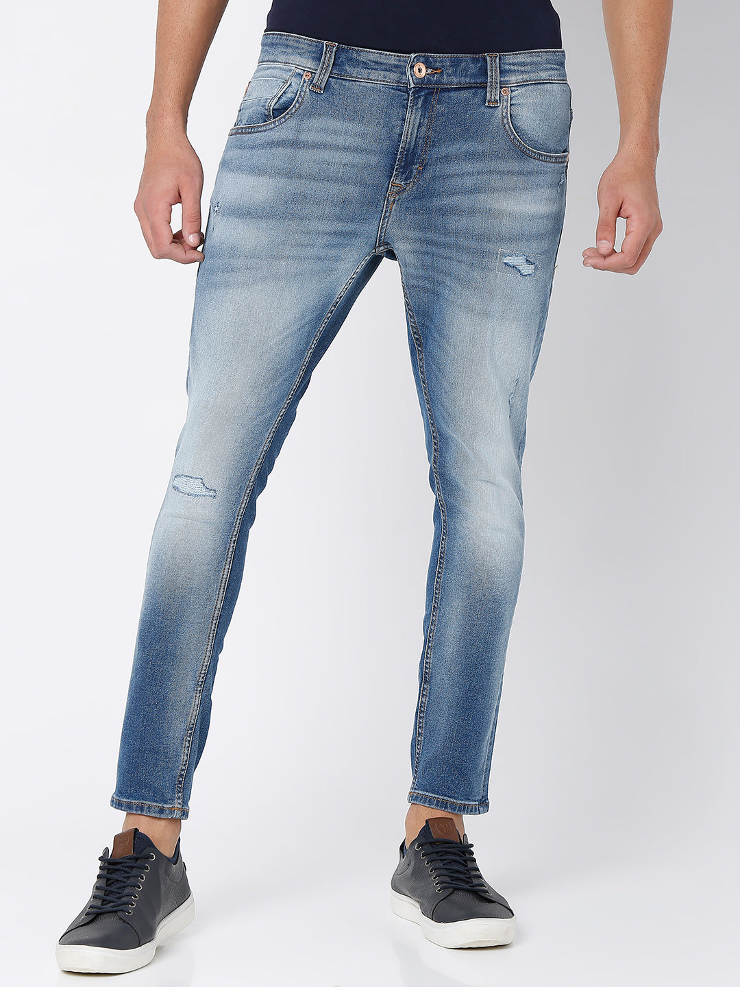 Spykar Mid Blue Cotton Slim Fit Tapered Length Jeans For Men (Kano)