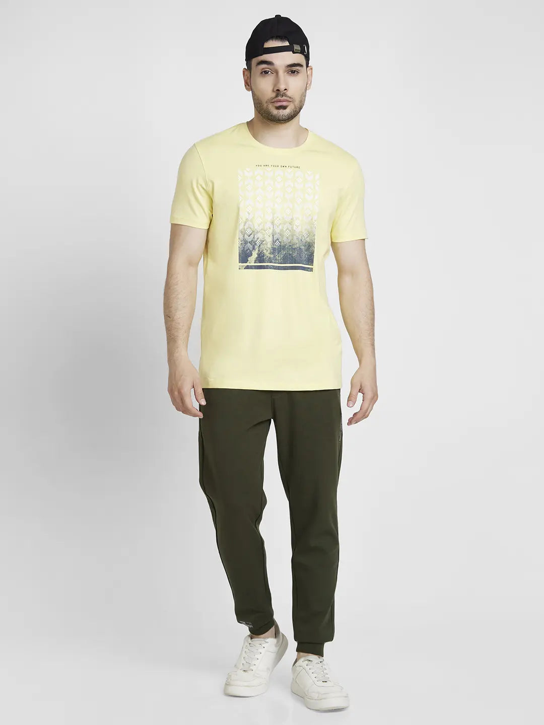 Spykar Men Powder Yellow Cotton Slim Fit Printed Round Neck Tshirt