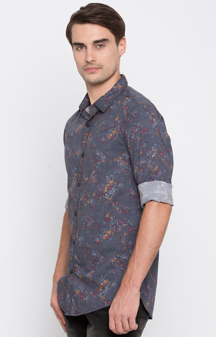 Spykar Men'S Grey Cotton Printed Casual Shirts