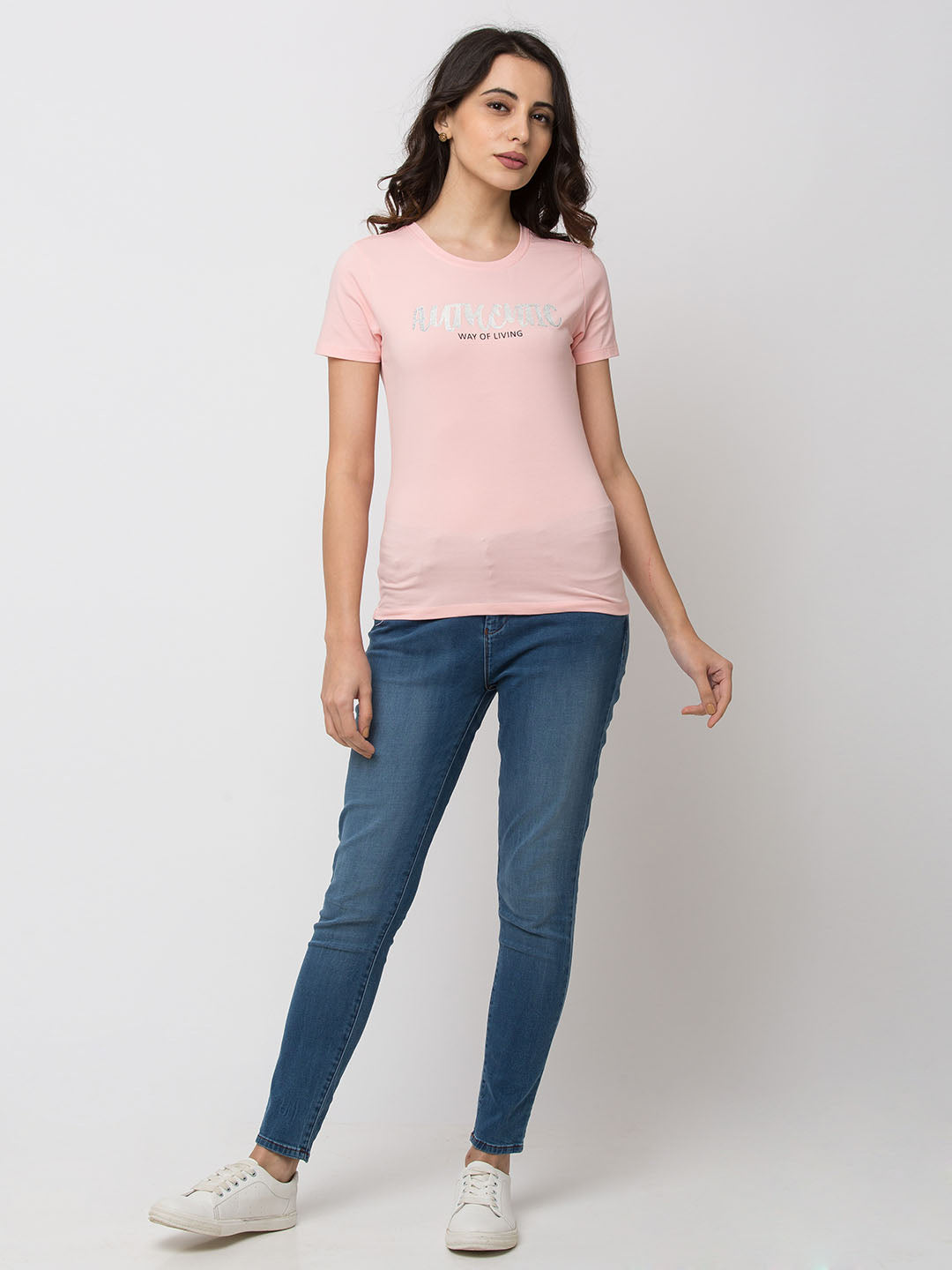 Spykar Women Pink Lycra Regular Round Neck T-Shirt