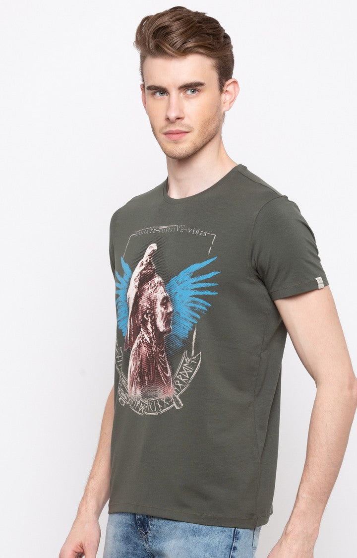 Spykar Olive Printed Slim Fit Men T-Shirts