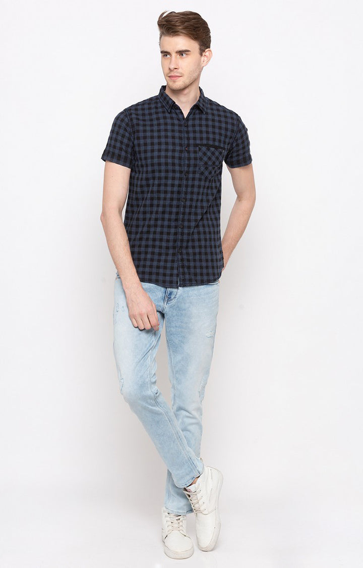 Spykar Men'S Blue Cotton Checked Casual Shirts