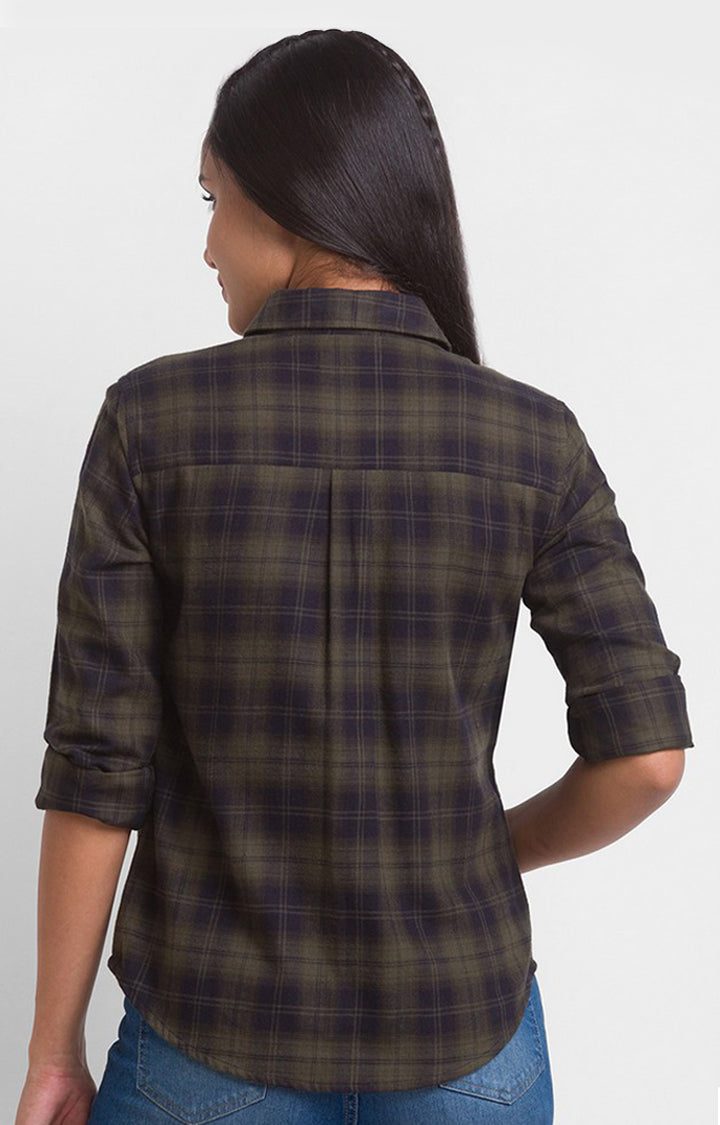 Spykar Olive Cotton Full Sleeve Checks Shirts For Women