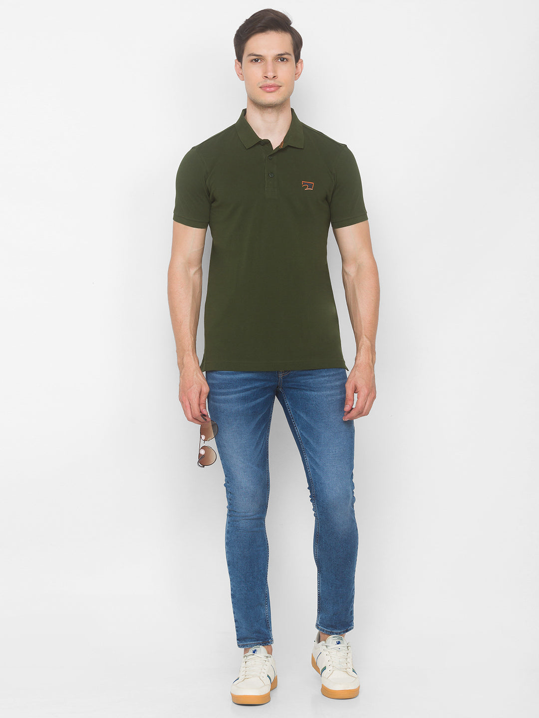 Spykar Men Green Cotton Slim Fit Polo T-Shirt