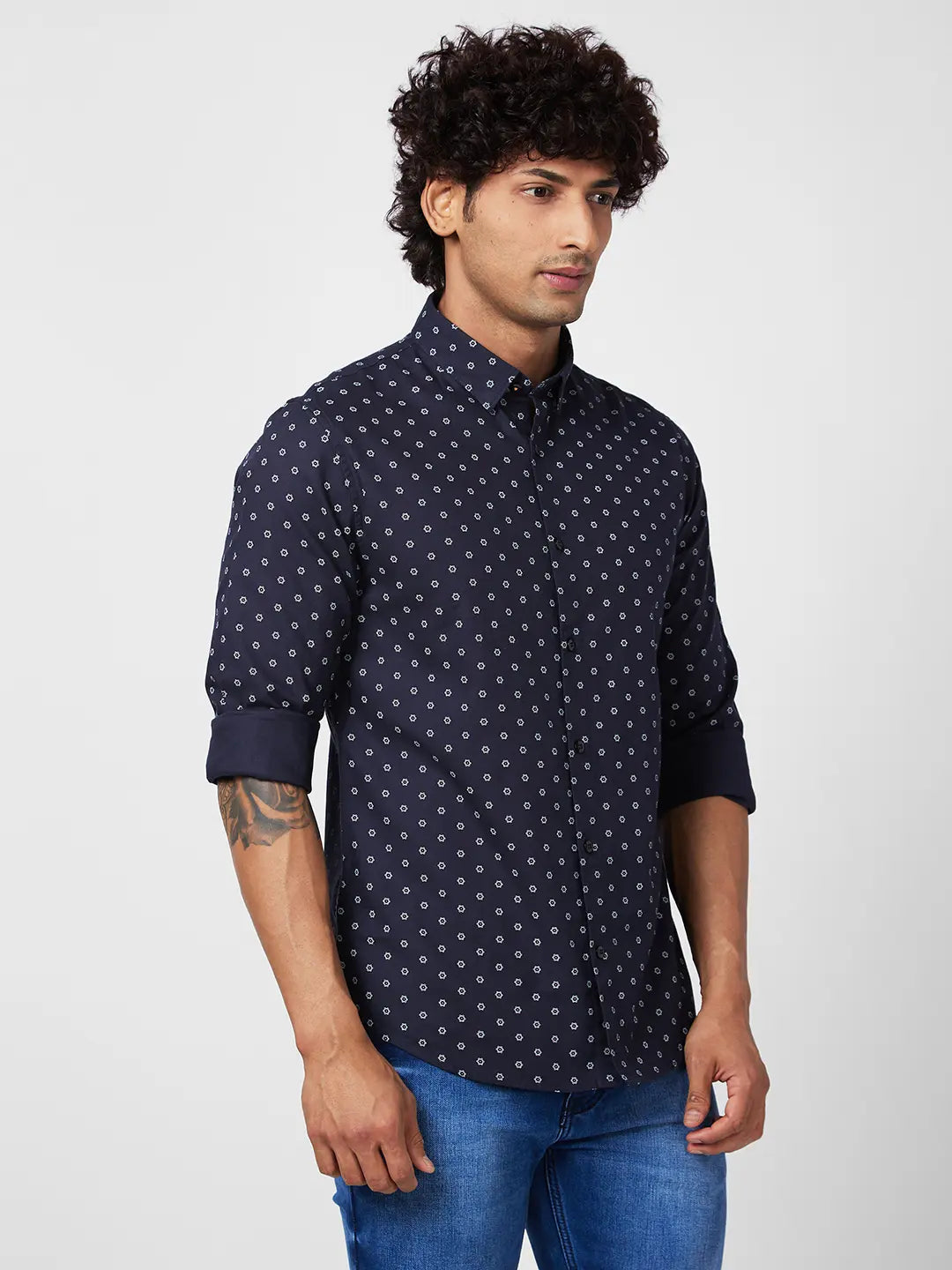 Spykar Men Navy Blue Cotton Regular Slim Fit Full Sleeve Causal Printed Shirt