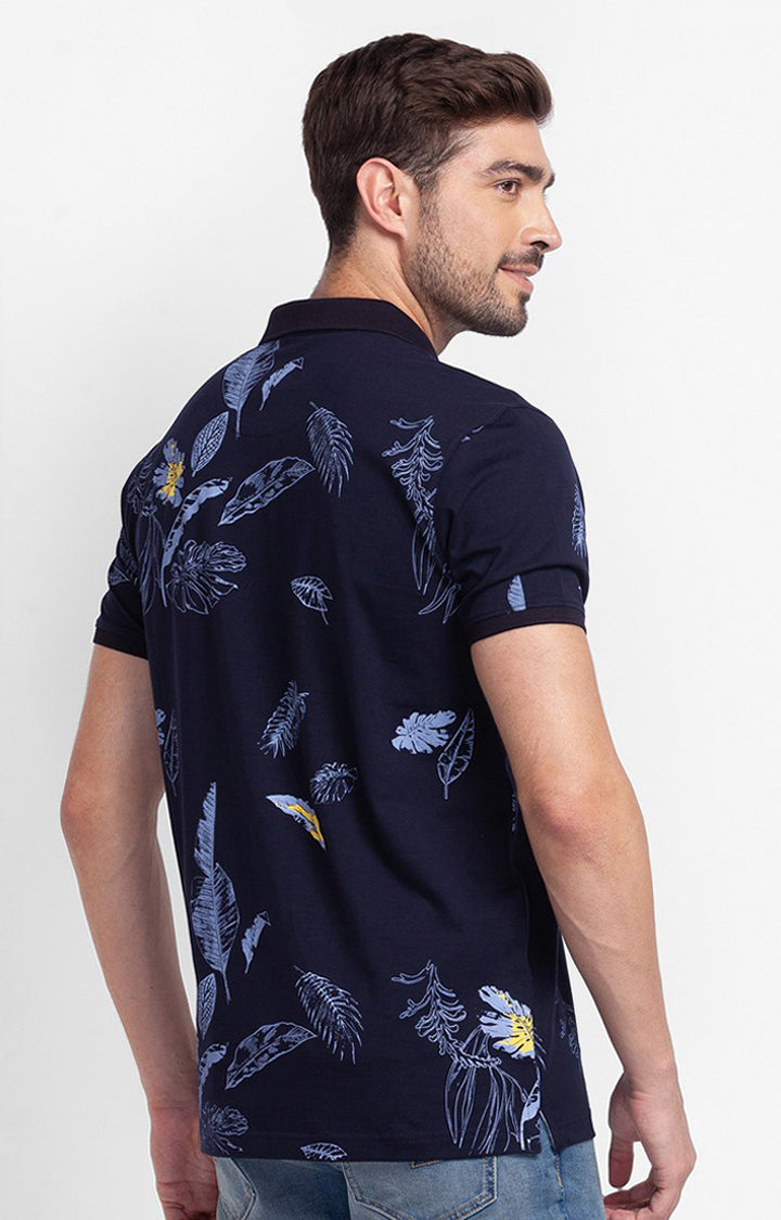 Spykar Navy Blue Cotton Half Sleeve Printed Casual Polo T-Shirt For Men