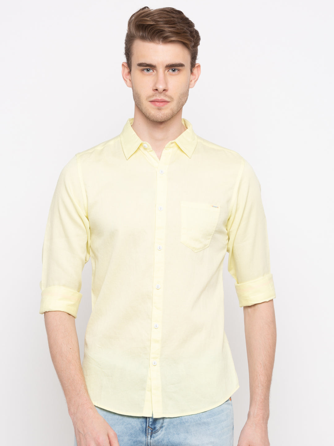 Spykar Yellow Cotton Slim Fit Shirts For Men