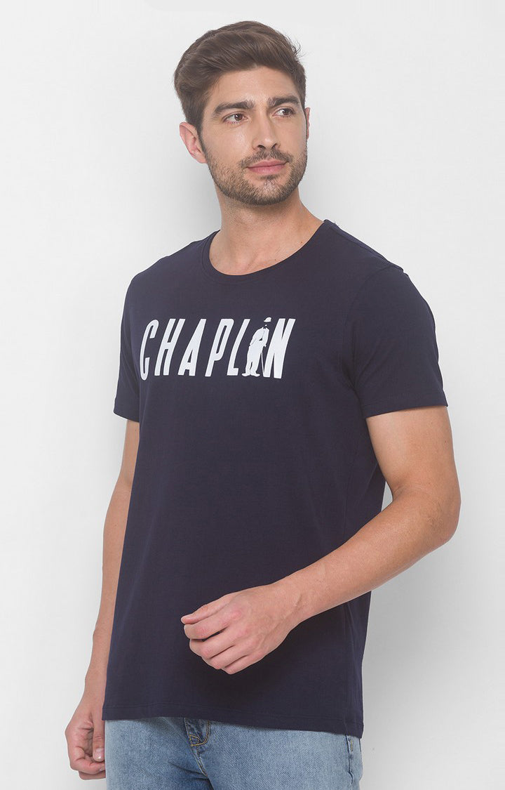 Charlie Chaplin Spykar Men Navy Blue Cotton Slim Fit Round Neck Printed T-Shirt