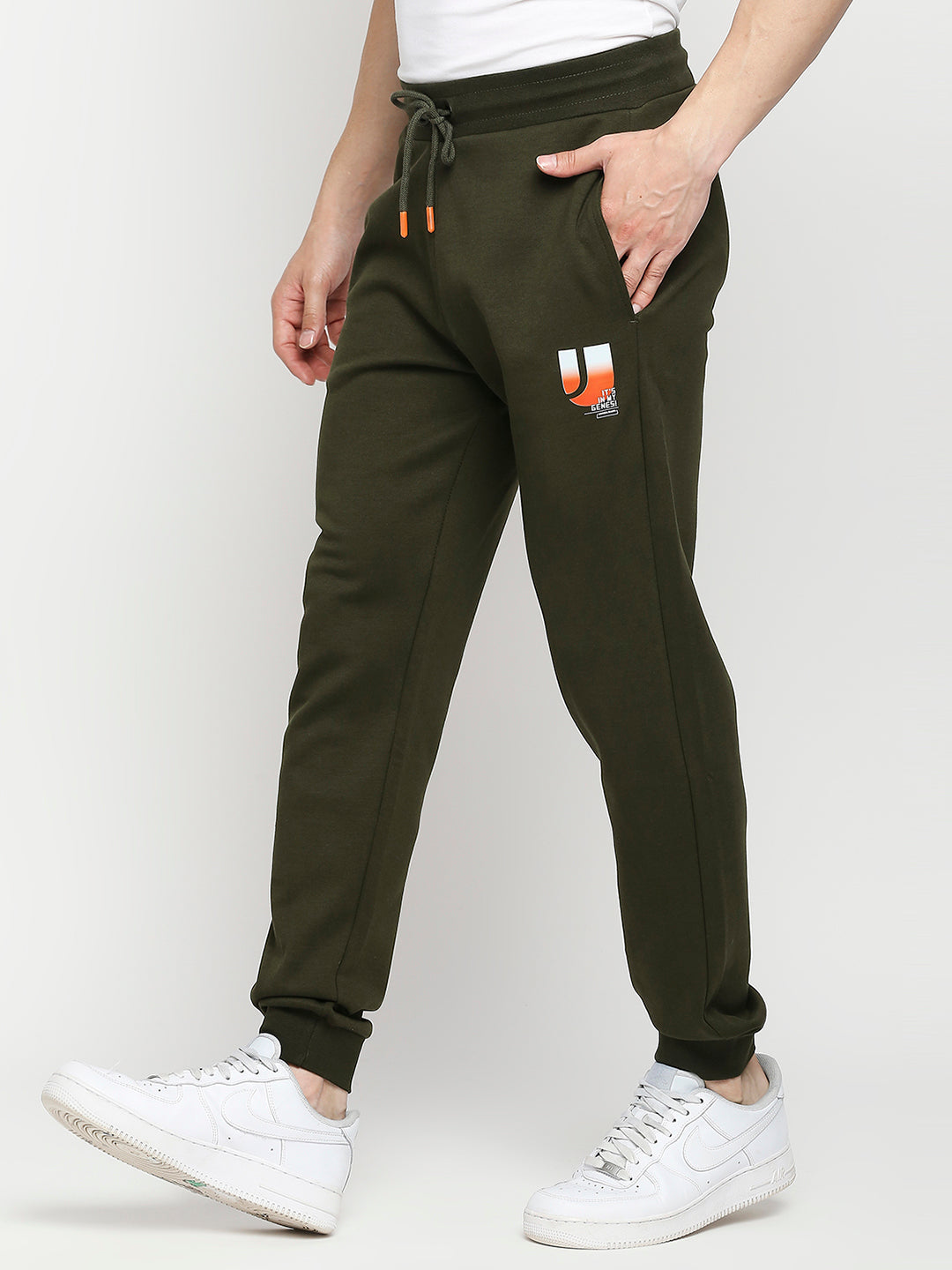 Men Cotton Blend Knitted Rifle Green Trackpant- Underjeans by Spykar