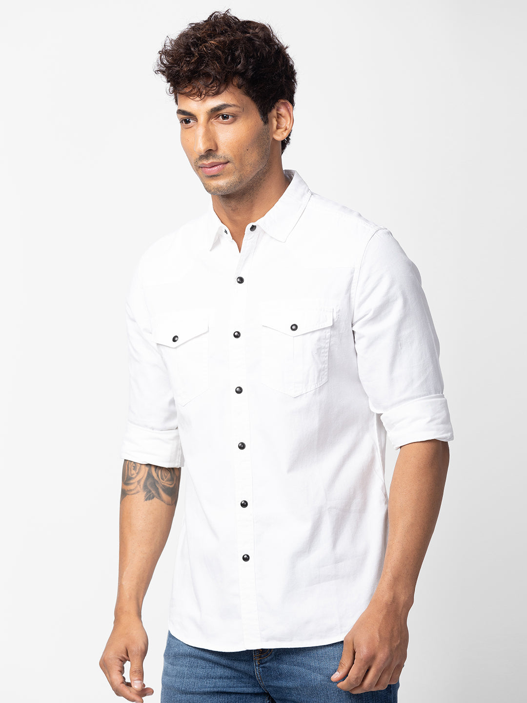 Spykar Men White Cotton Slim Fit Plain Shirt