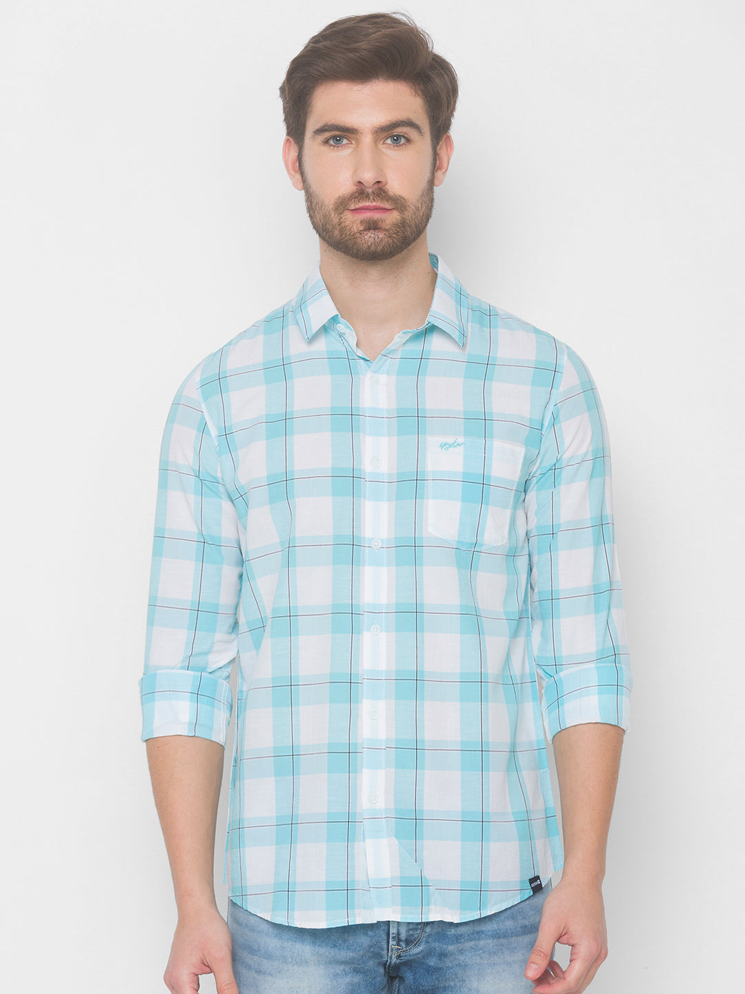 Spykar Men Aqua Blue Cotton Shirts (Slim)