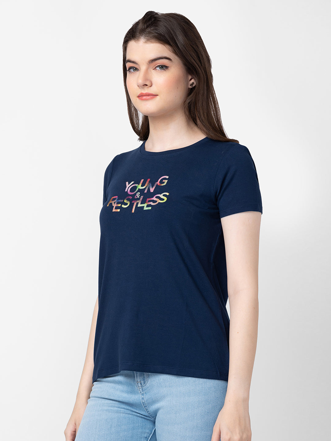 Spykar Women Navy Blue Cotton Slim Fit Printed T-Shirts