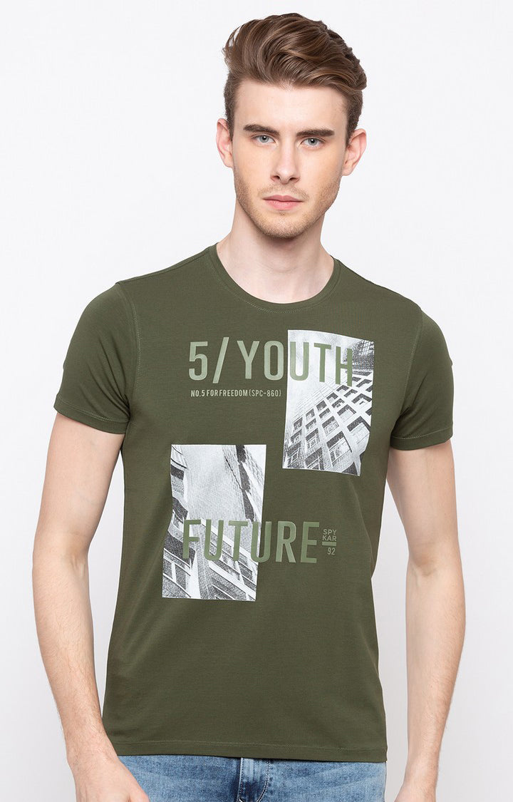 Spykar Olive Printed Slim Fit Men T-Shirts