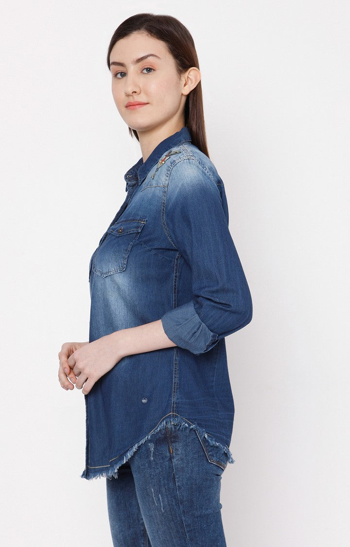 Spykar Women Dark Blue Cotton Regular Fit Denim Shirt