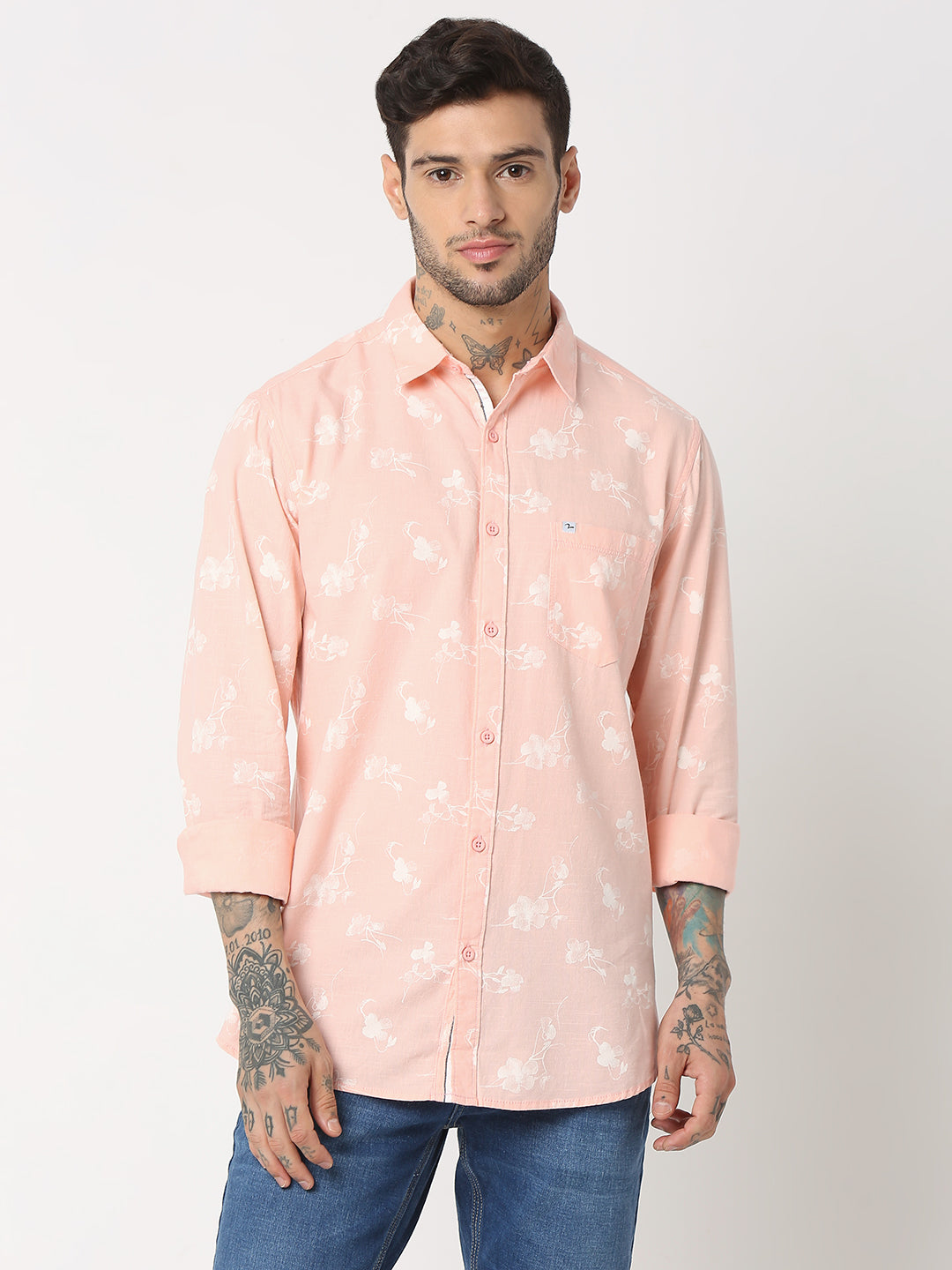 Spykar Men Peach Cotton Slim Fit Printed Shirts