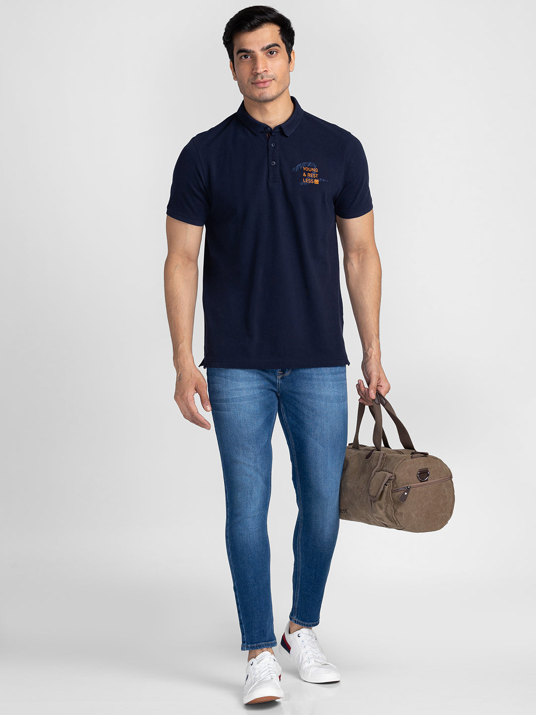 Spykar Men Navy Blue Cotton Slim Fit Polo Plain T-Shirt