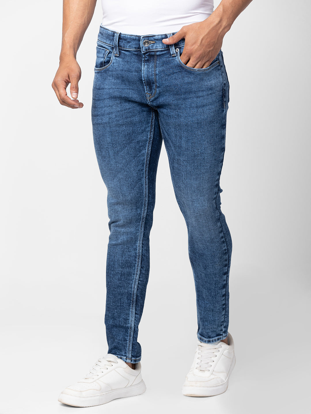 Spykar Men Mid Blue Cotton Slim Fit Tapered Length Jeans (Kano)