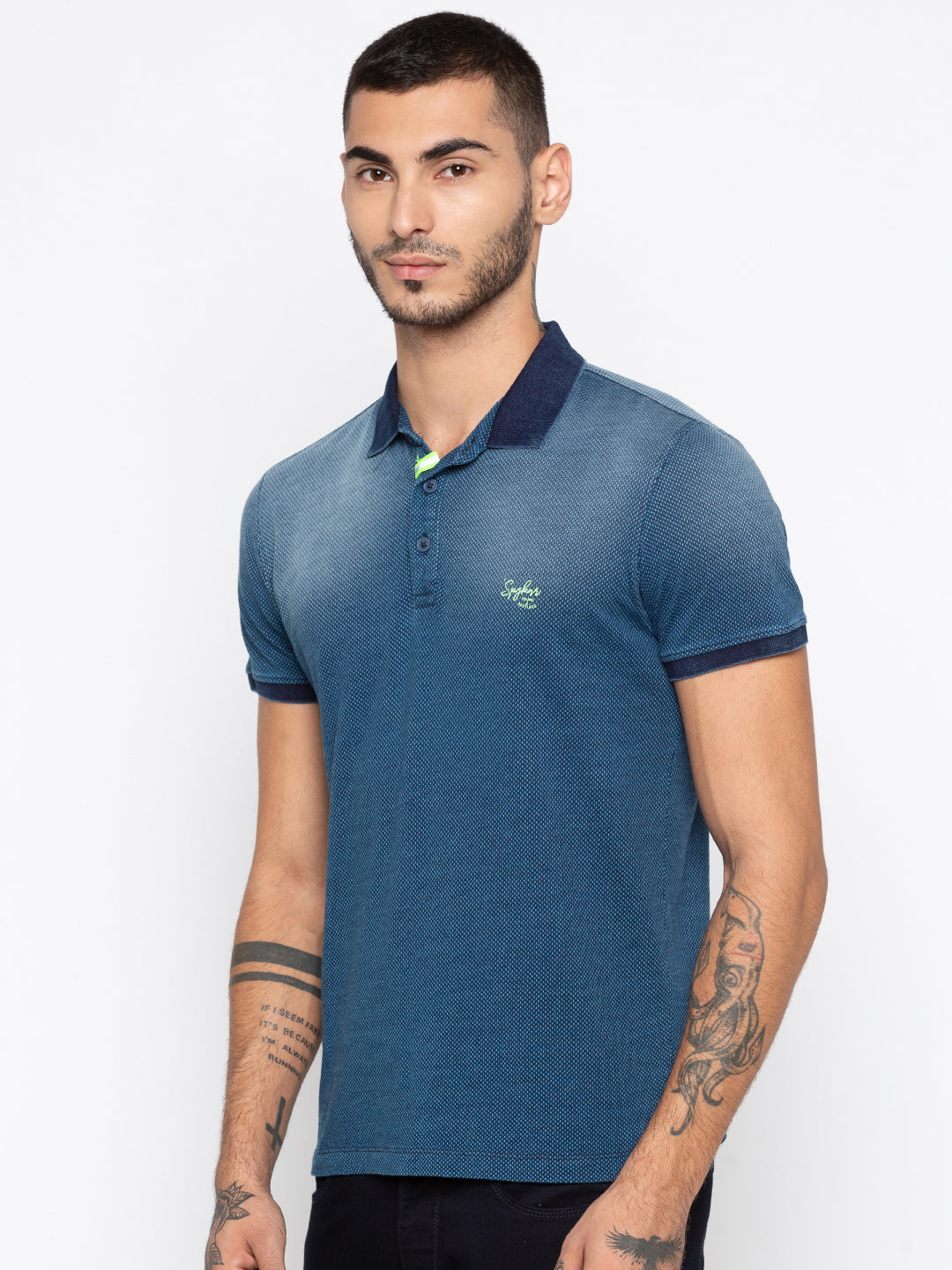 Spykar Men Blue Cotton Slim Fit Polo T-Shirt