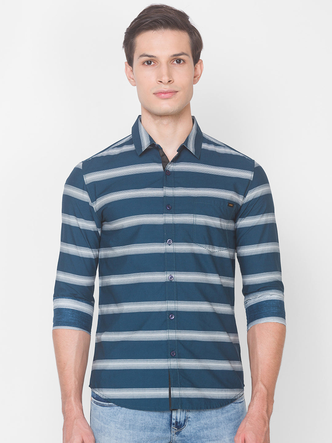 Spykar Slim Fit Blue Cotton Men Shirt