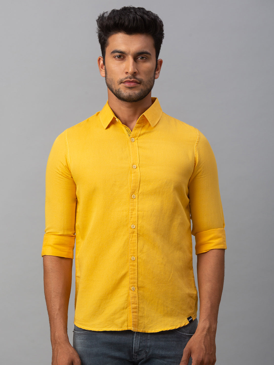 Spykar Men Yellow Cotton Slim Fit Shirt