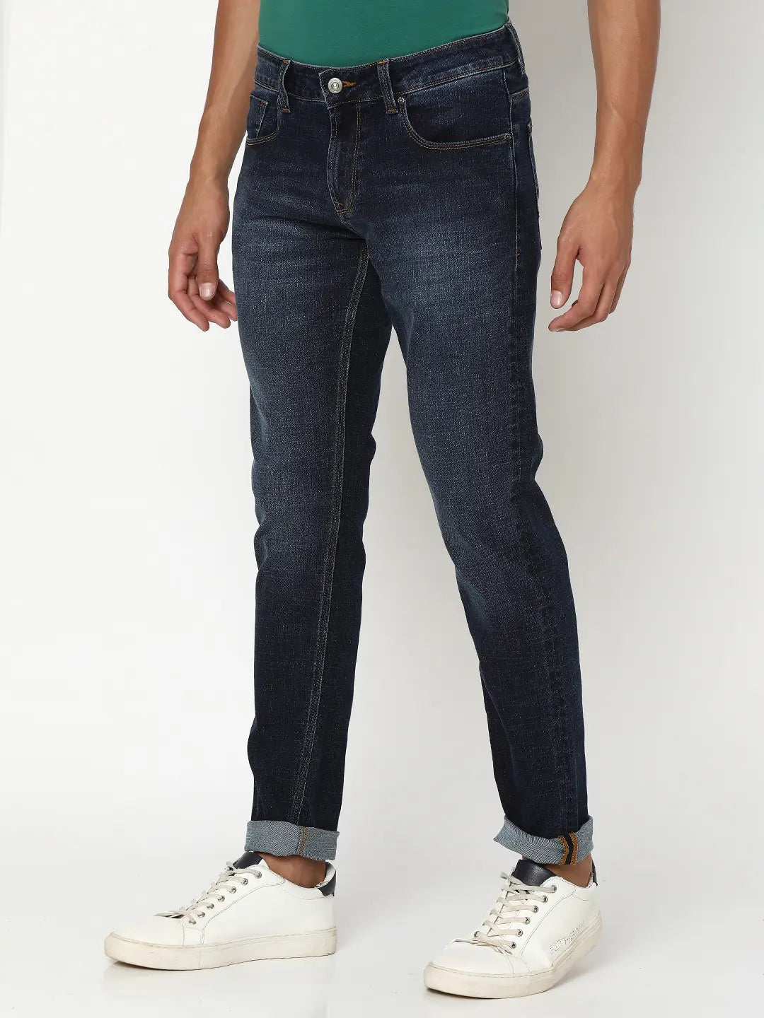 Spykar Men Dark Blue Cotton Slim Fit Narrow Length Clean Look Low Rise Stretchable Jeans (Skinny)