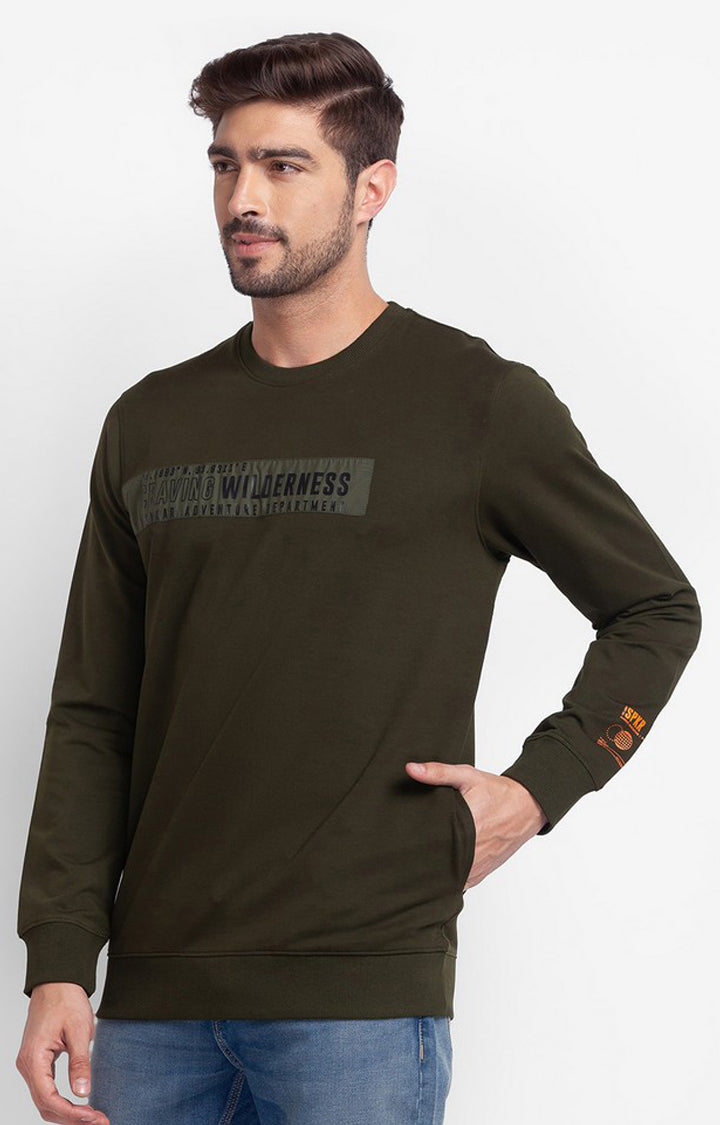 Spykar Rifle Green Cotton Full Sleeve Round Neck Sweatshirt For Men