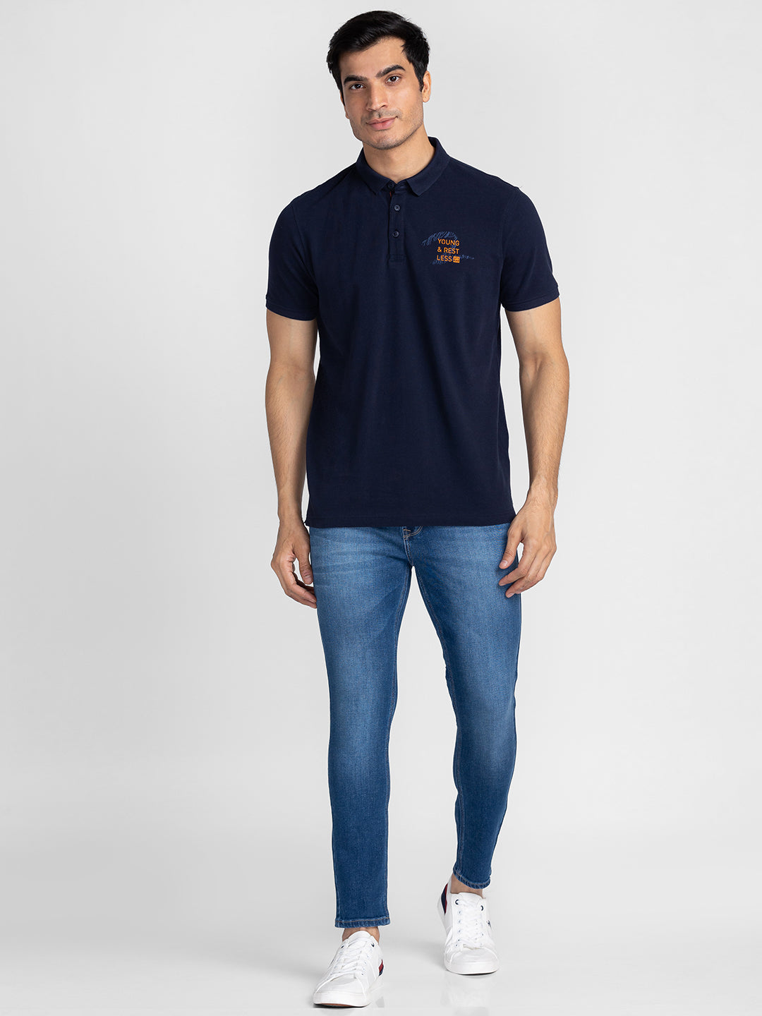 Spykar Men Navy Blue Cotton Slim Fit Polo Plain T-Shirt