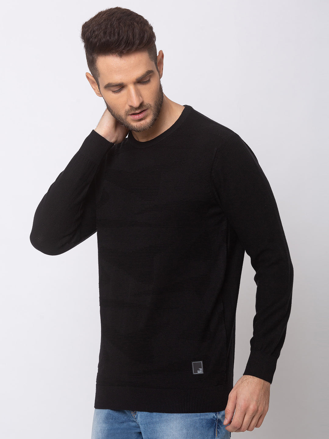 Spykar Men Black Cotton Regular Fit Sweater