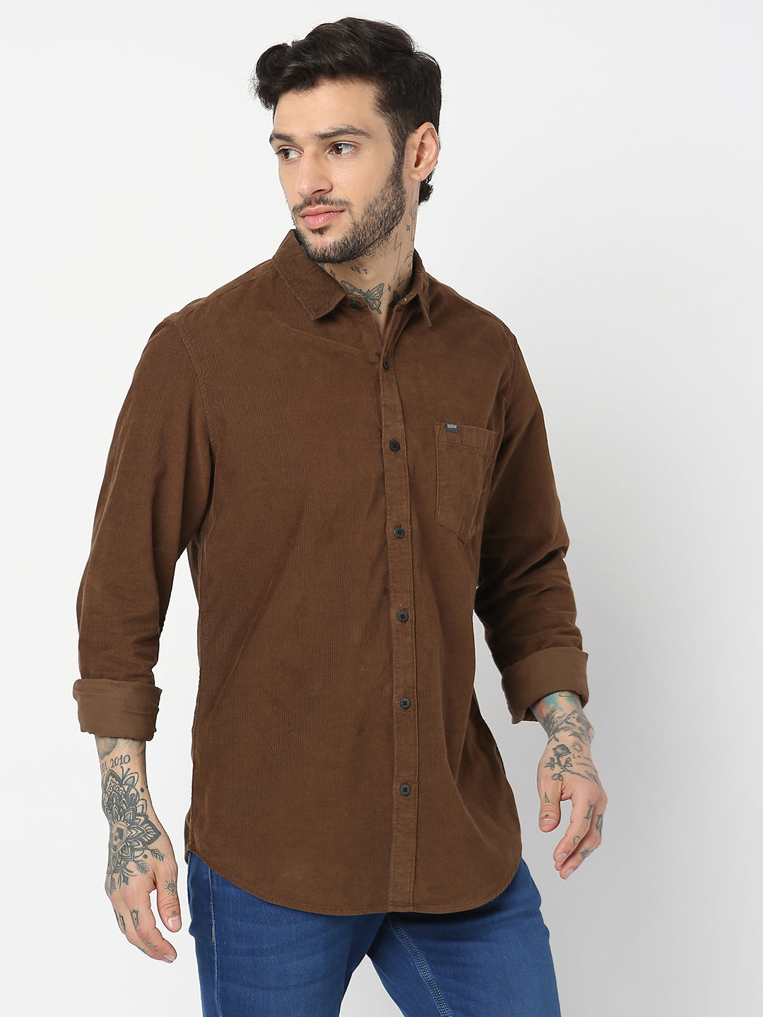 Spykar Men Mud Brown Cotton Slim Fit Plain Shirts