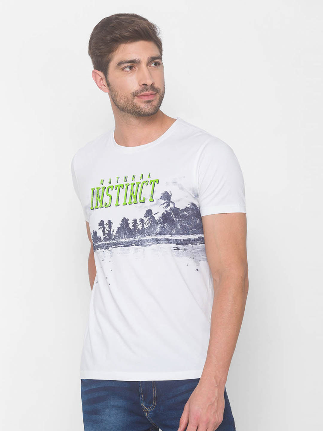 Spykar Men White Cotton Slim Fit Round Neck T-Shirt