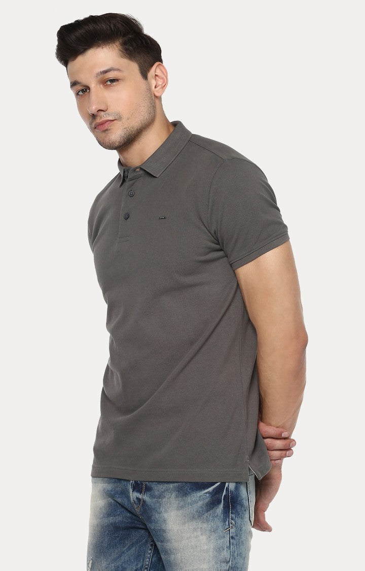 Spykar Grey Solid Slim Fit Polo T-Shirt