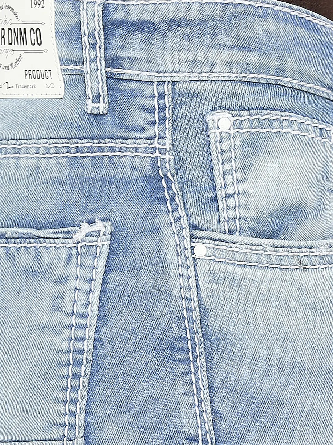 Spykar Men Light Blue Cotton Slim Fit Narrow Length Highly Distressed Low Rise Jeans-(Skinny)