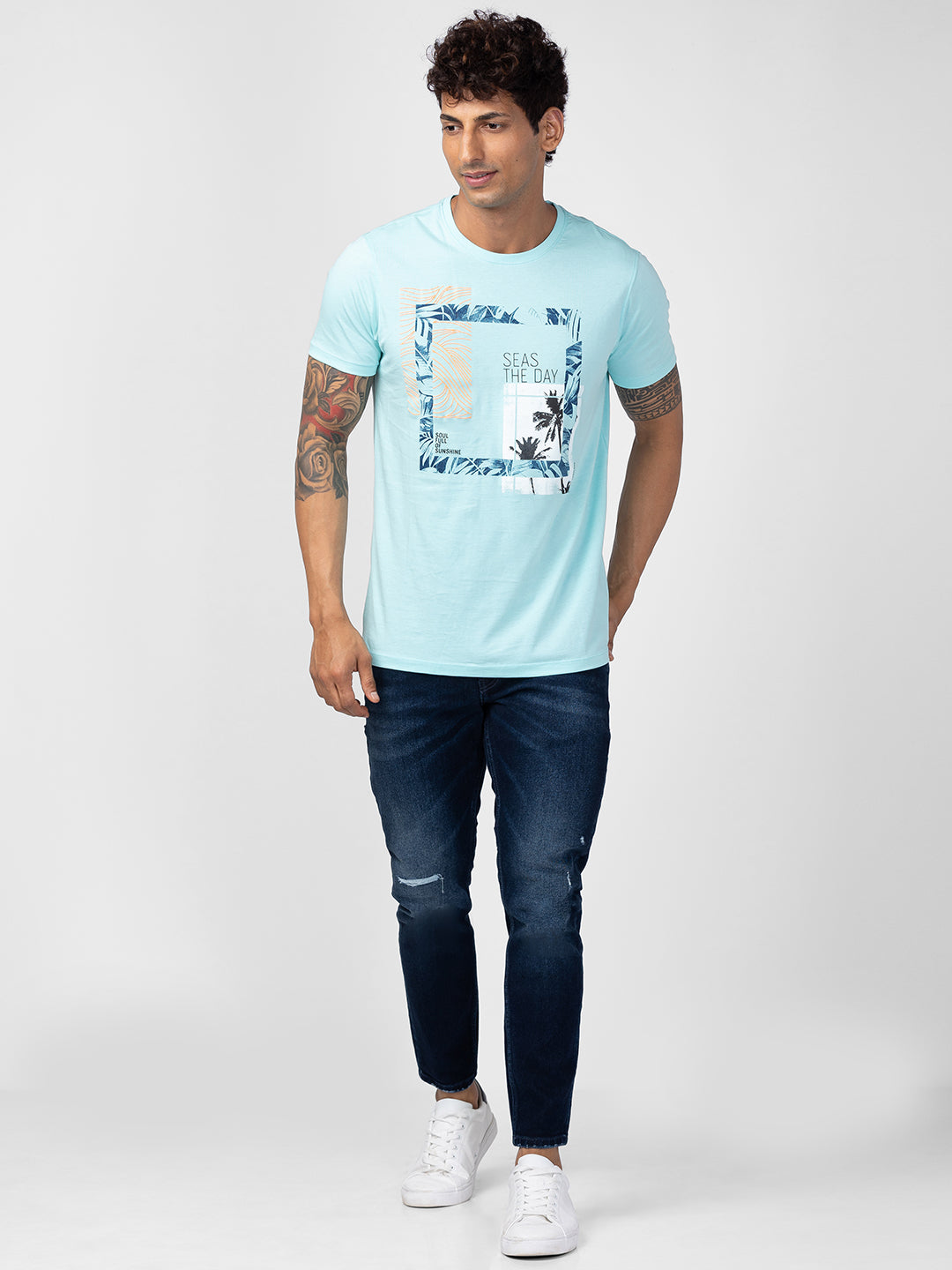 Spykar Men Bleached Aqua Cotton Regular Fit Half Sleeve Printed T-Shirt