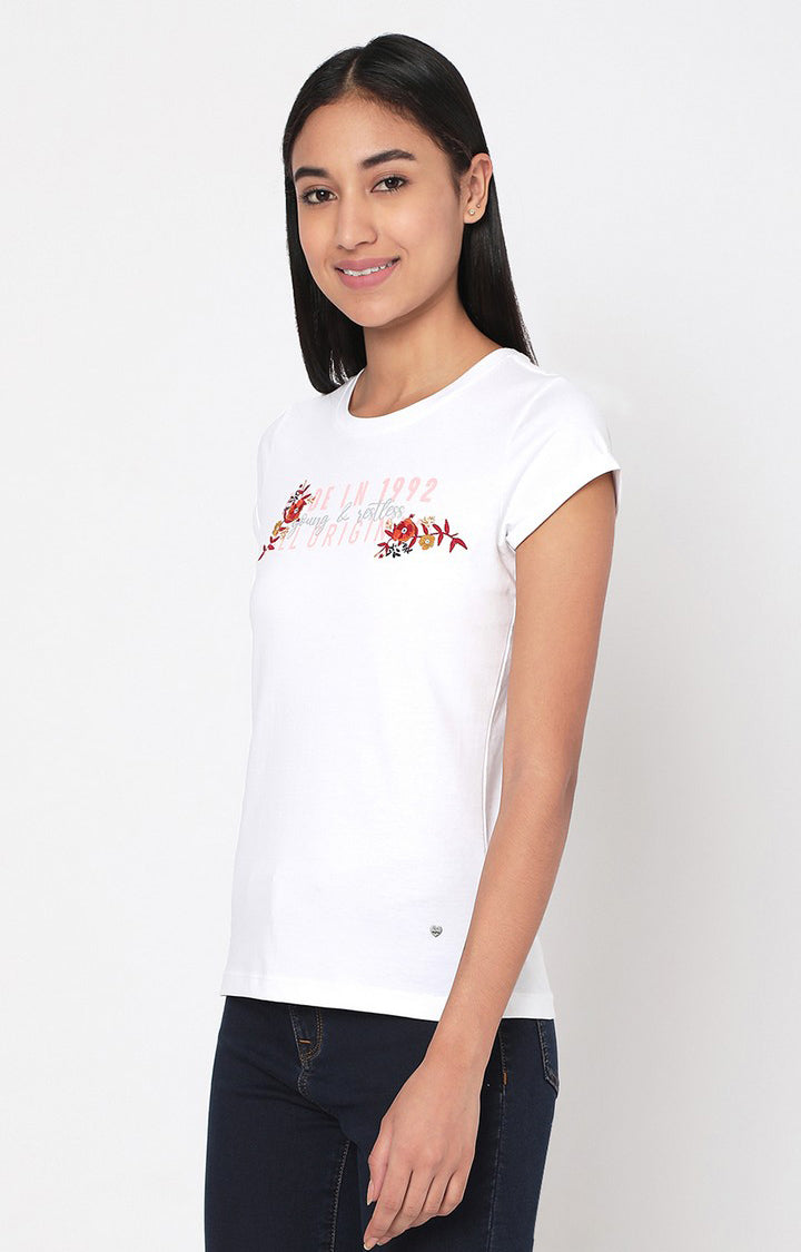 Spykar Women White Cotton Slim Fit Round Neck Crop T-Shirts