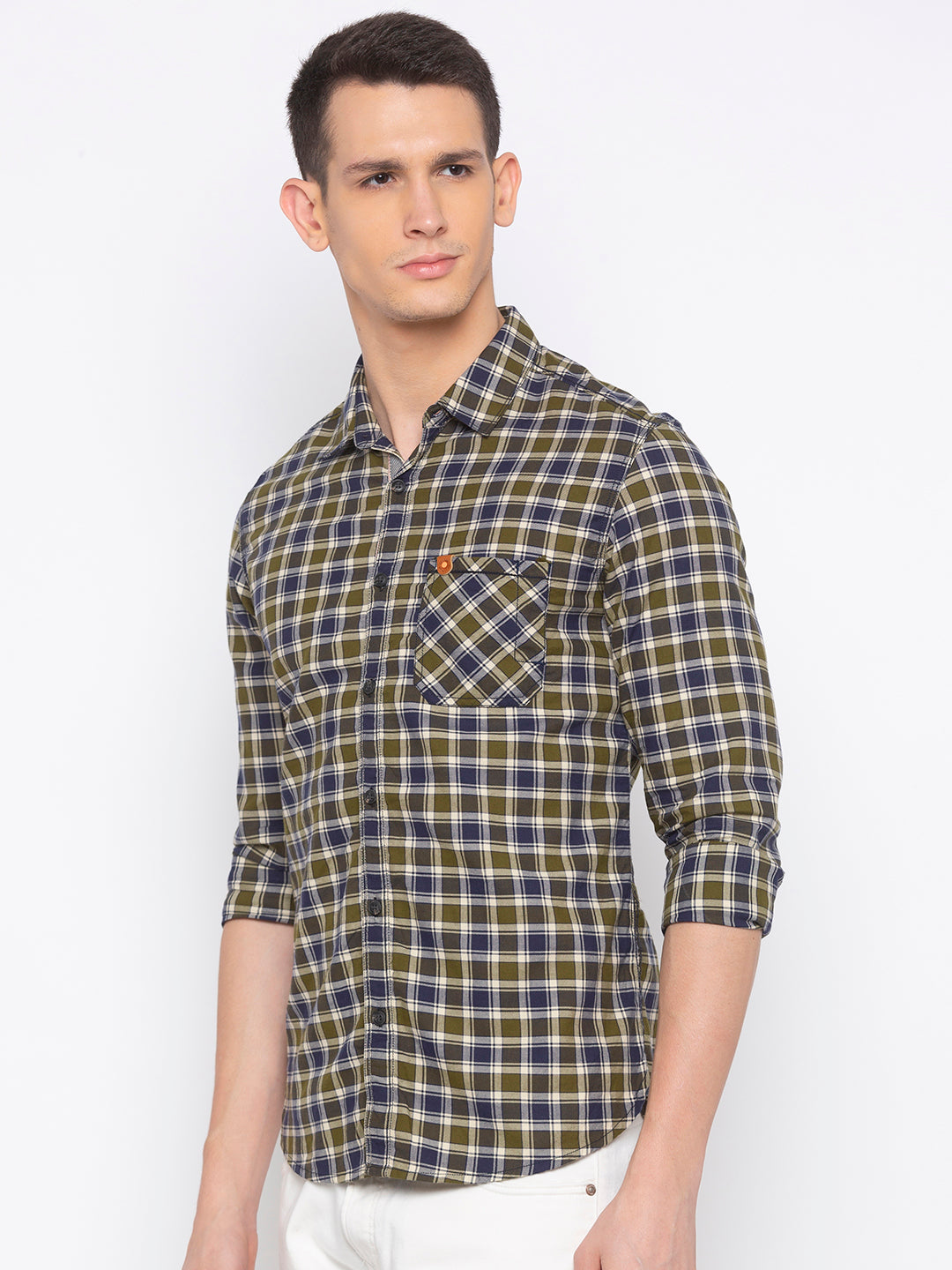 Spykar Men Olive Checked Slim Fit Casual Shirt