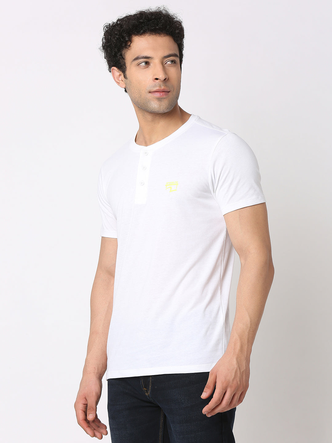 Spykar Men White Cotton Slim Fit Henley Neck Plain T-Shirt