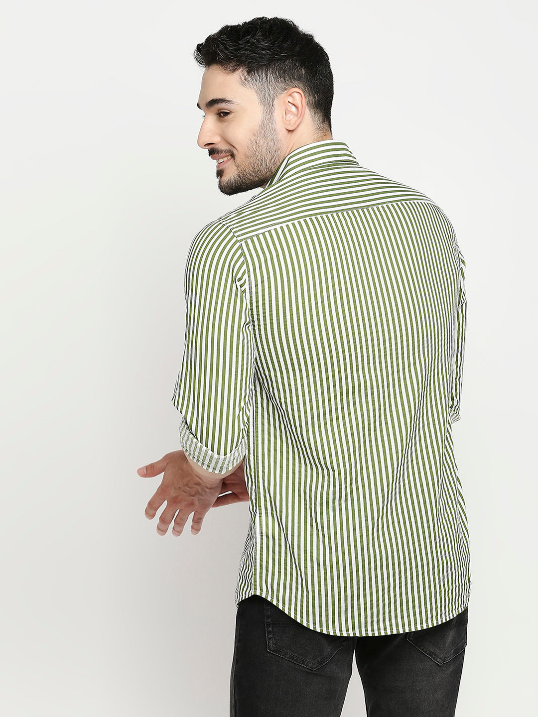 Spykar Cactus Green Cotton Full Sleeve Striped Shirt For Men