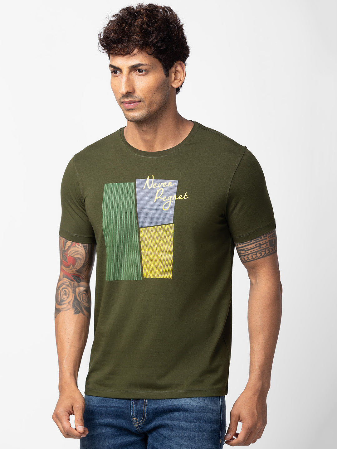 Spykar Men Rifle Green Cotton Regular Fit Half Sleeve Printed T-shirt