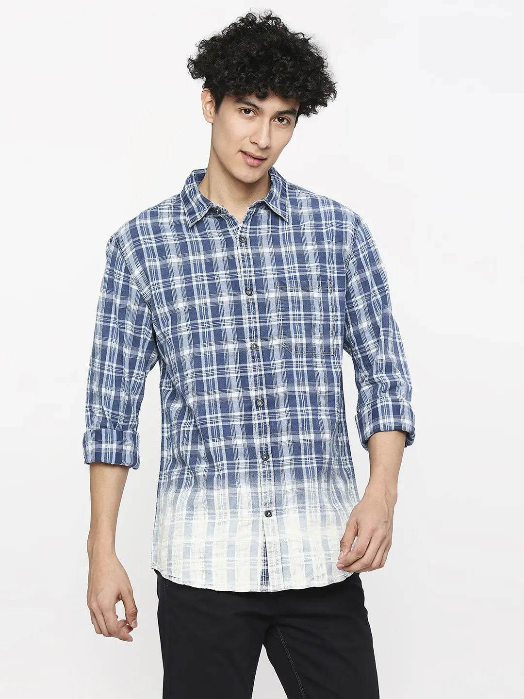 Spykar Men Indigo Cotton Slim Fit Checkered Shirt