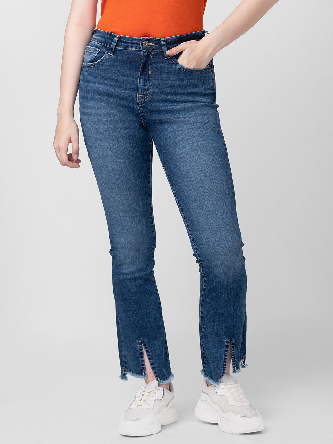 Spykar Women Mid Blue Cotton Bootcut Fit Ankle Length Jeans (Elissa)