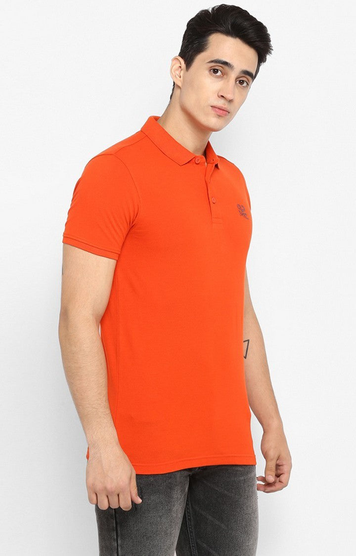 Spykar Orange Solid Slim Fit Polo T-Shirt