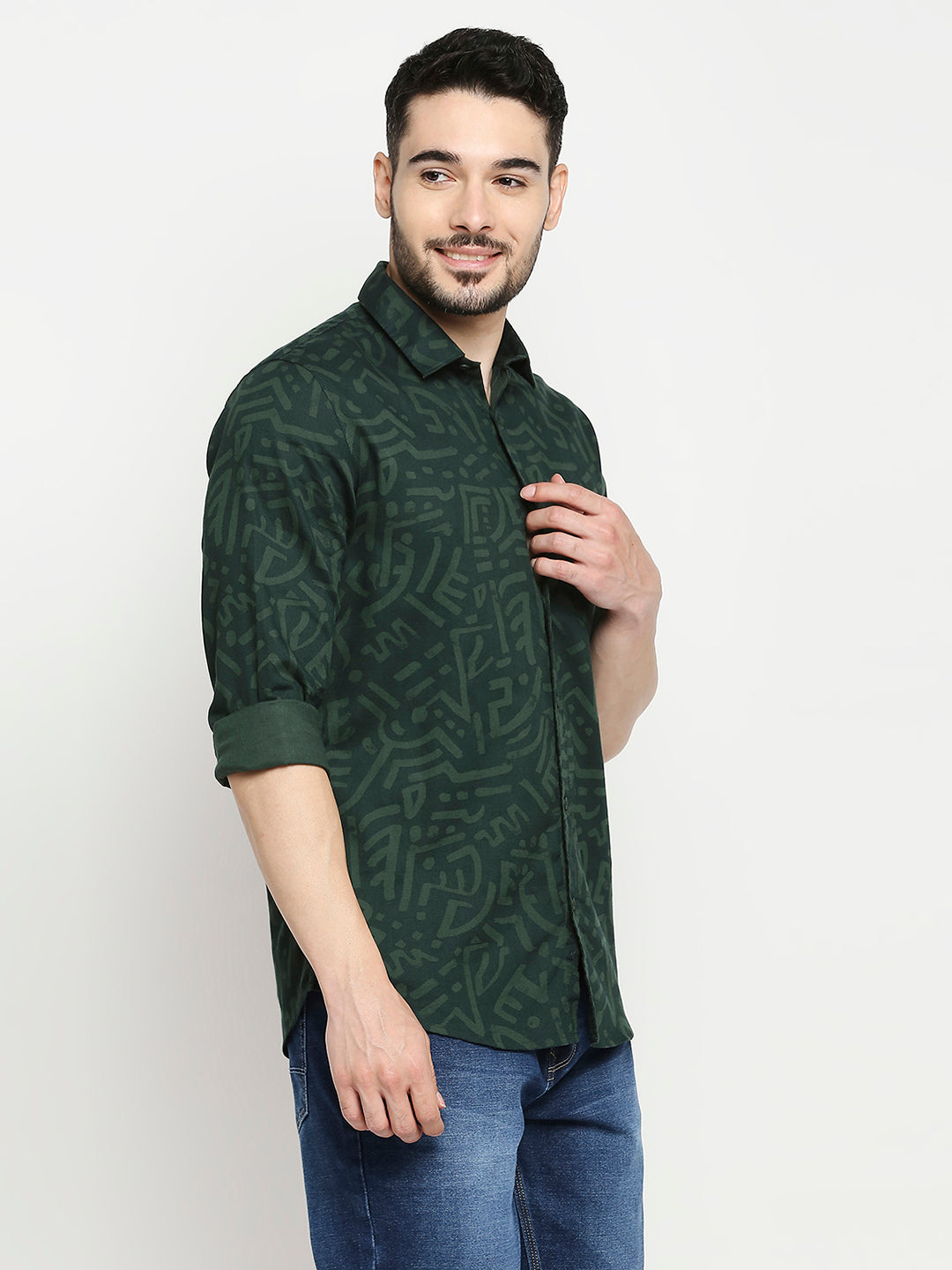 Spykar Bottle Green Cotton Full Sleeve Printed Shirt For Men