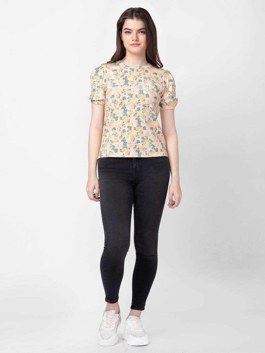 Spykar Women Yellow Cotton Slim Fit Floral T-Shirt