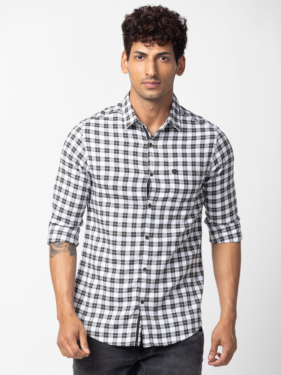 Spykar Men Bottle Green Cotton Slim Fit Checkered Shirt