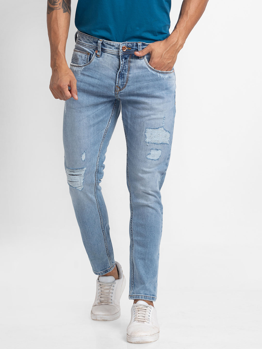 Spykar Vintage Blue Cotton Slim Fit Tapered Length Jeans For Men (Kano)