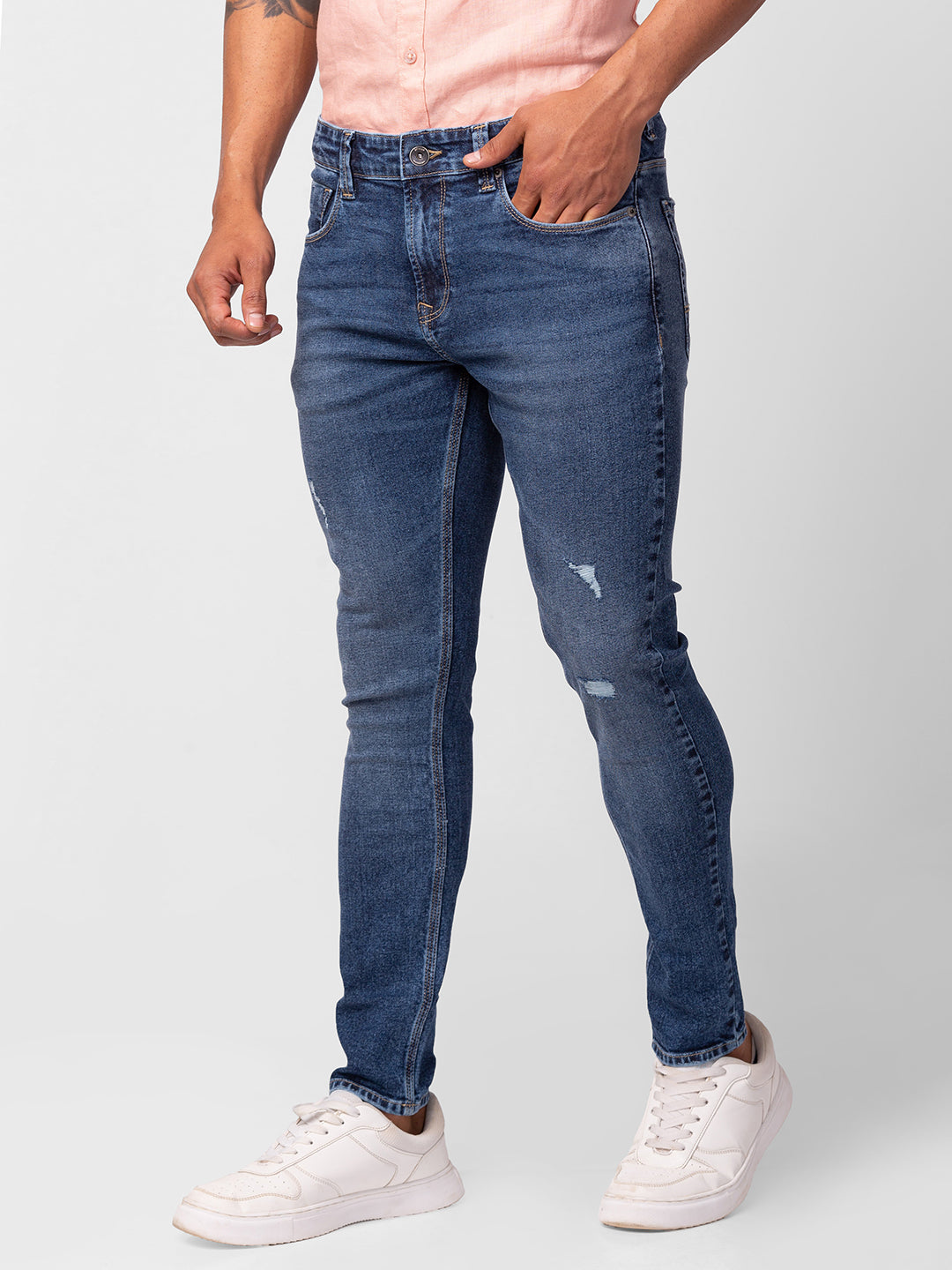 Spykar Men Mid Blue Cotton Slim Fit Tapered Length Jeans (Kano)