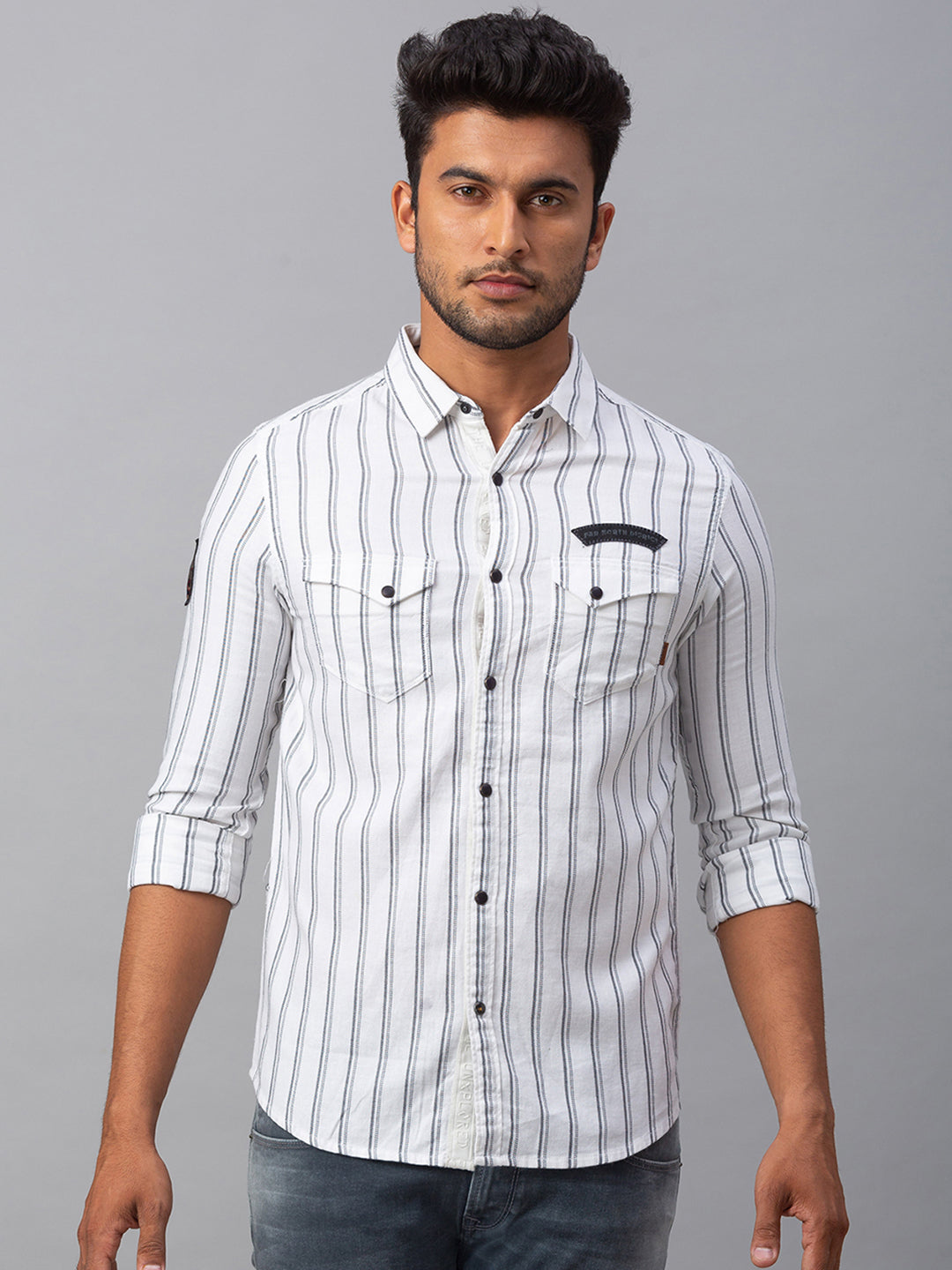 Spykar Men White Cotton Slim Fit Shirt